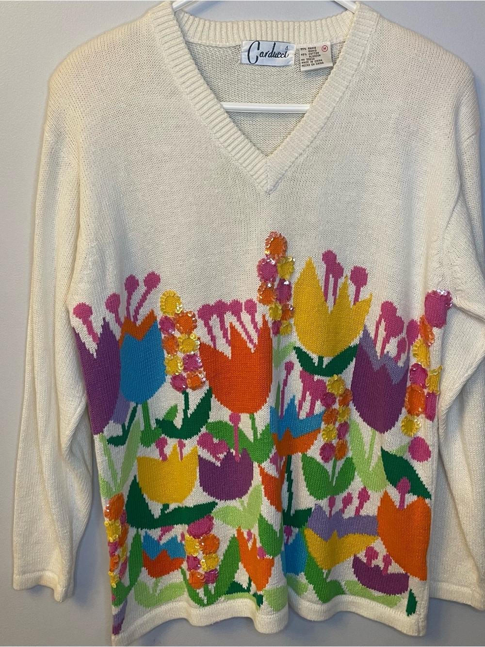 Cream V-Neck Floral Sequin Sweater